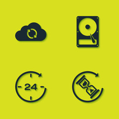Set Cloud sync refresh, Waiting, Clock 24 hours and Hard disk drive HDD icon. Vector