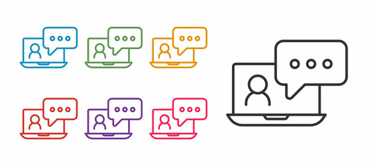 Set line Video chat conference icon isolated on white background. Online meeting work form home. Remote project management. Set icons colorful. Vector