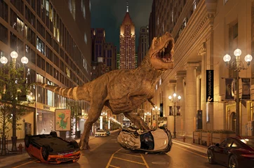 Deurstickers T-Rex dinosaur roaring in the street destroying cars © matis75