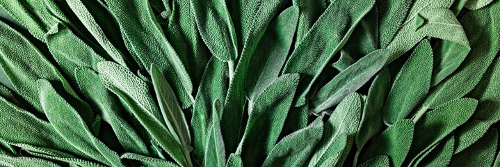 Fresh sage (or salvia officinalis) leaves on a green background. Use of beneficial herbs (Garden herbs) in cooking and medicine. 