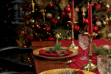 Obraz na płótnie Canvas Christmas Table Setting. Holiday Decorations. Decor. New Year Celebration