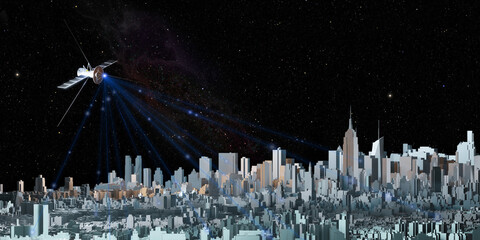 Transmitting signals through communications satellites in the sky and the capital city with tall buildings 3D illustration
