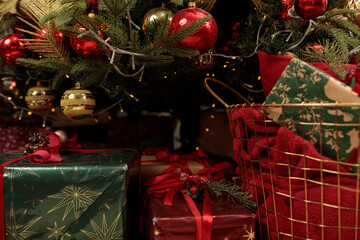 Gifts under the Christmas tree close up