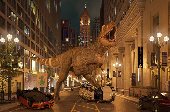 Fototapeta T-Rex dinosaur roaring in the street destroying cars