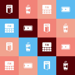 Set pop art Fire exit, Paper glass with water, Cinema auditorium screen and Online play video icon. Vector