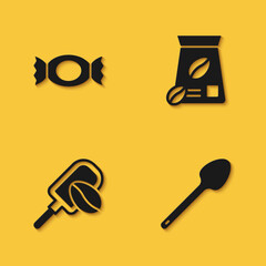 Set Candy, Teaspoon, Spatula with coffee grain and Bag beans icon with long shadow. Vector