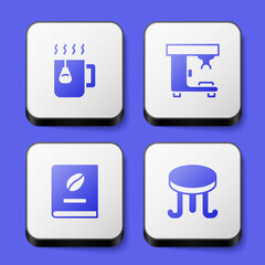Set Cup of tea with bag, Coffee machine, book and table icon. White square button. Vector