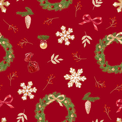 New Year's pattern with wreaths of fir branches, bows and gingerbread. Watercolor illustrations