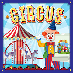 Circus poster design with clown cartoon