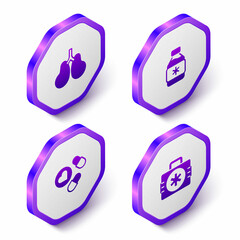 Set Isometric Lungs, Bottle of medicine syrup, Medicine pill or tablet and First aid kit icon. Purple hexagon button. Vector