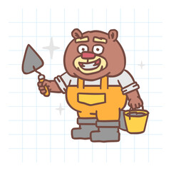 Builder beaver holds trowel and bucket with cement. Hand drawn character. Vector Illustration