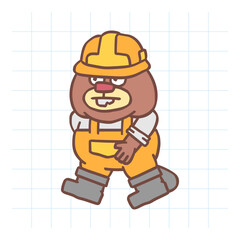 Builder beaver in hard hat walks. Hand drawn character. Vector Illustration