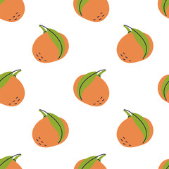Mandarin fruit with leaf. Tangerine seamless pattern. Hand drawn vector illustration. Citrus exotic food