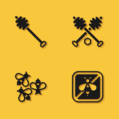 Set Honey dipper stick, Stop bee, Bees and icon with long shadow. Vector
