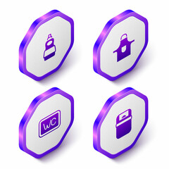 Set Isometric Dishwashing liquid bottle, Kitchen apron, Toilet and Trash can icon. Purple hexagon button. Vector