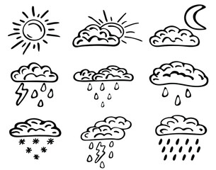 Weather icons. Vector illustration in doodle style.