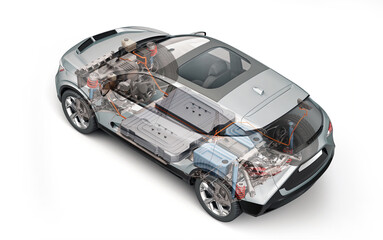 Electric car technical cutaway 3d rendering.