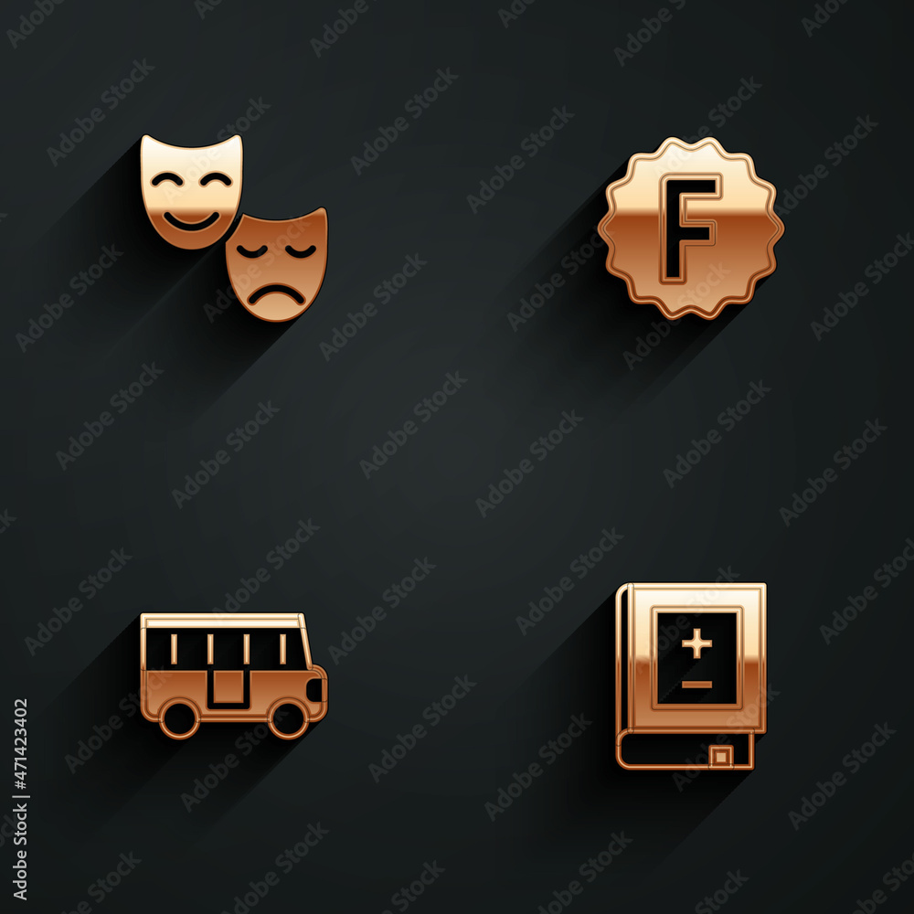 Poster set comedy and tragedy masks, exam paper with incorrect answers, school bus and book mathematics ico