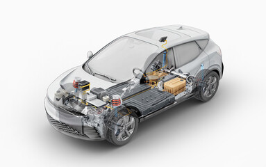 Electric car technical cutaway 3d rendering.