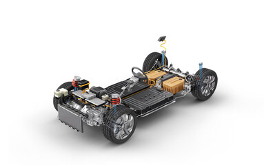 Electric car system, under carriage chassis. - obrazy, fototapety, plakaty