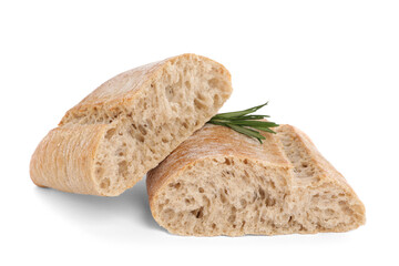 Cut ciabatta with rosemary on white background. Fresh bread