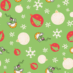 Vector Green Christmas ornaments with snowflakes background pattern