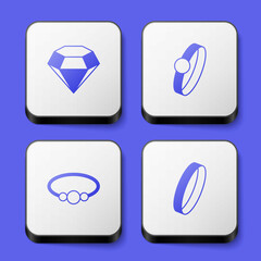 Set Diamond, engagement ring, Bracelet jewelry and Wedding icon. White square button. Vector