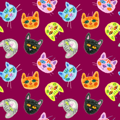 Seamless pattern of multicolored faces of cats drawn with wax crayons on a velvet violet background. For fabric, sketchbook, wallpaper, wrapping paper.