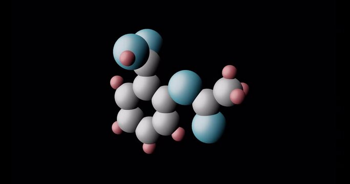 Abstract molecule of acetylsalicylic acid rotating in dark space. Aspirin molecule with gray carbon atoms, blue oxygen atoms and red hydrogen atoms. 3D render.