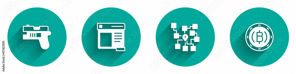 Poster set futuristic weapon, browser window, neural network and cryptocurrency coin bitcoin icon with long