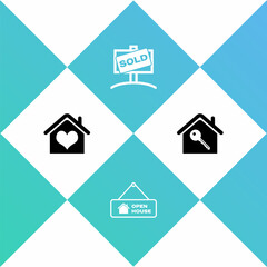 Set House with heart shape, Hanging sign Open house, Sold and key icon. Vector