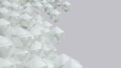 3d render futuristic crystals abstract illustration, pearl white geometric objects flying in space background