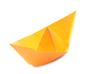 Handmade orange paper boat isolated on white. Origami art