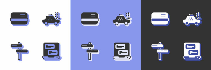 Set Taxi mobile app, Credit card, Road traffic sign and Broken taxi icon. Vector