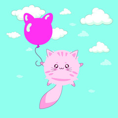 Obraz na płótnie Canvas Funny cartoon pink cat with a balloon flying in the sky, cute vector illustration in flat style. Smiling fat kitten. Positive print for sticker, t-shirt, postcards, clothing, textiles, design, decor