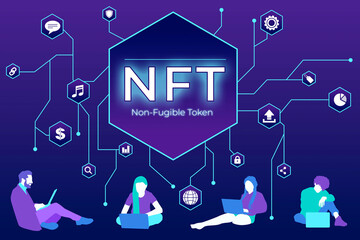 NFT. Blockchain. Cryptocurrency. Young people with laptops