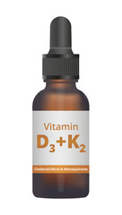 Vector illustration or icon of an amber glass dropper bottle with liquid vitamin D3 and K2 drops. Synergy for better absorption. Liquid drops, dietary supplement. Cholecalciferol and menaquinone.