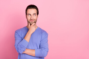 Photo of brunet agent guy hand face look promo wear blue sweater isolated on pink color background