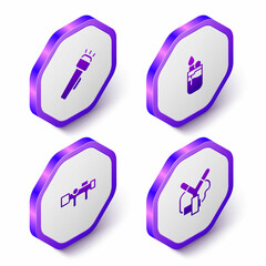 Set Isometric Flashlight, Lighter, Sniper optical sight and Slingshot icon. Purple hexagon button. Vector