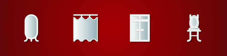 Set Big full length mirror, Curtains, Wardrobe and Chair icon. Vector