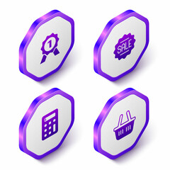 Set Isometric Medal, Price tag with Sale, Calculator and Shopping basket icon. Purple hexagon button. Vector