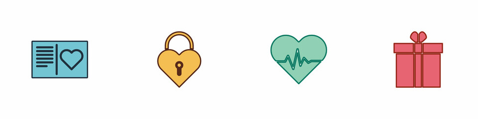 Set Valentines day flyer with heart, Castle the shape of, Heart rate and Gift box and icon. Vector