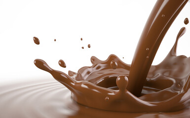 Liquid chocolate crown splash with pour stream and ripples.