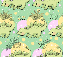 Seamless pattern with cute dinosaur. Stegosaurus in kawaii style. Vector