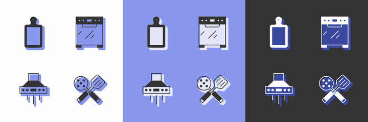 Set Spatula, Cutting board, Kitchen extractor fan and Oven icon. Vector