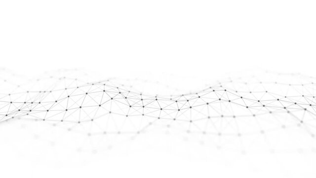 Abstract technology wave of particles and line. Big data visualization. Light background with motion dots. Artificial intelligence. 3d rendering.