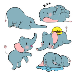 Emotional sticker set with cute elefant. Kawaii style. Cartoon emoji sticker with elefants in different moods. Vector illustration.