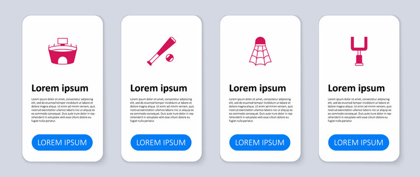 Set American football goal post, Badminton shuttlecock, Baseball bat with and Stadium. Business infographic template. Vector