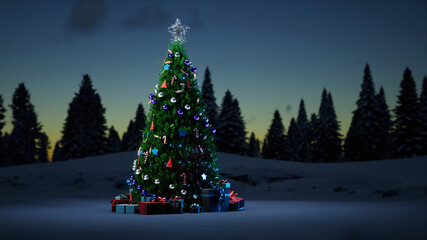 Christmas tree with new year toys, decorations and gifts in a snowy forest on the eve of new year and Christmas. High quality 4k render