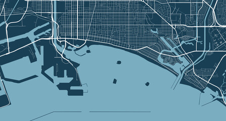 Detailed map of Long Beach city, linear print map. Cityscape panorama.